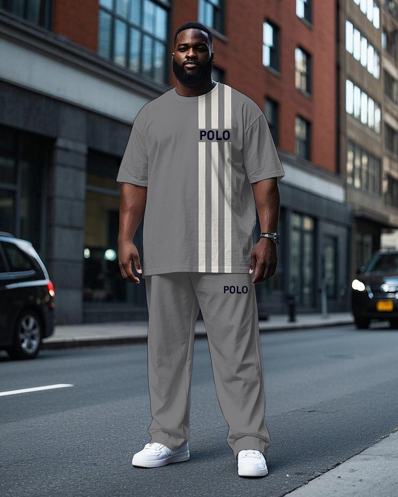 Men's Simple Stripe POLO Letter Printed Big and Tall Short Sleeve T-shirt Pants Set