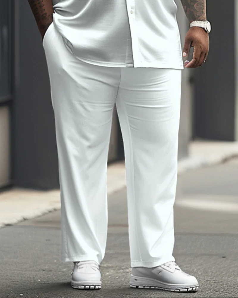 Versatile Solid Color White Big Men's Short Sleeve Shirt Trousers Set