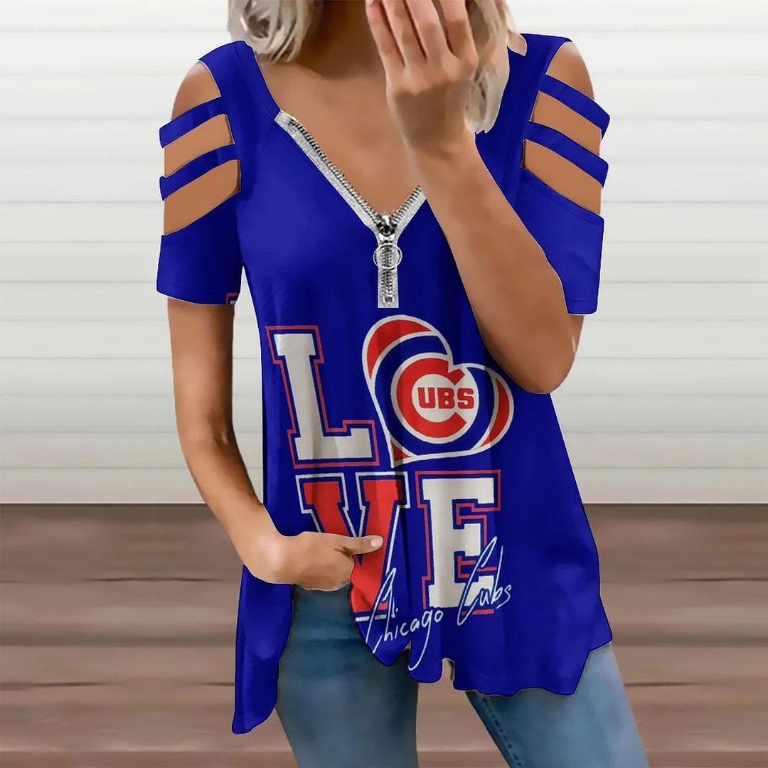 Shoulder Off V-neck Zipper Front Short Sleeve Casual T-shirt for Women Printed with Pattern,Blue,Red