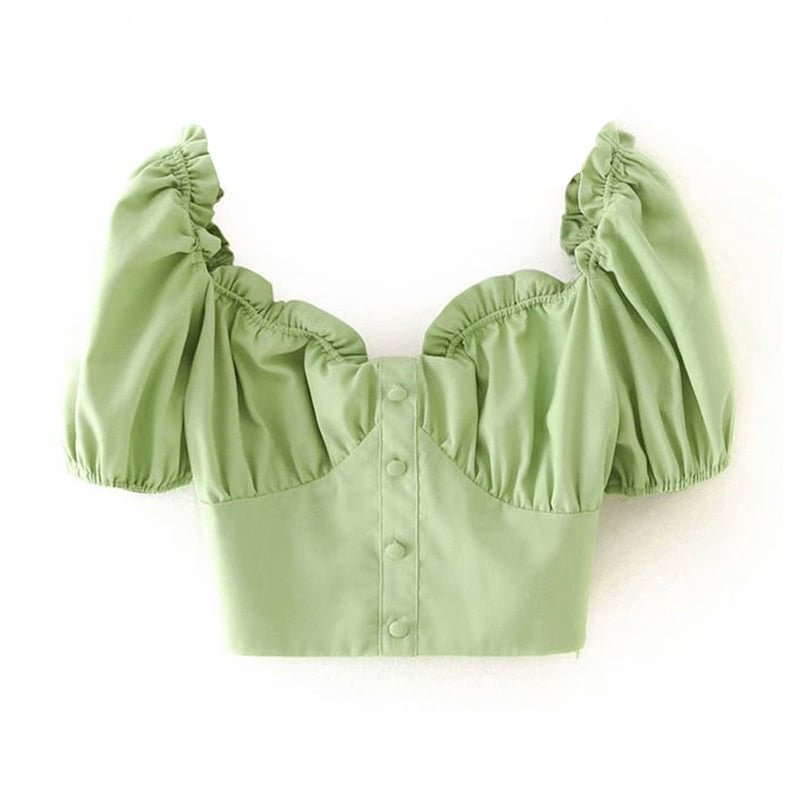 2020 summer new slim vintage chic green square collar ruffle short puff short sleeve casual cropped tops blouses woman