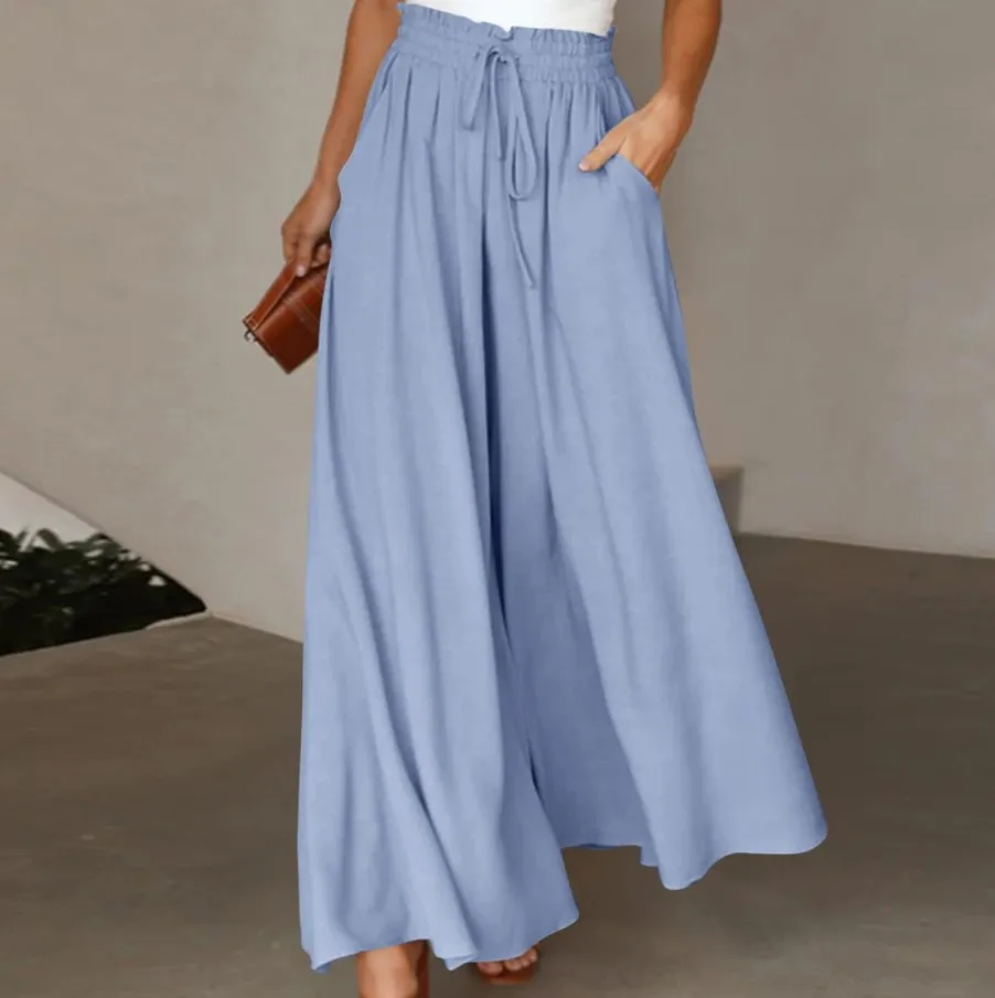 Plus Size Women's Wide Leg Pants - Comfortable Stretch Fabric with Drawstring Waist & Pockets