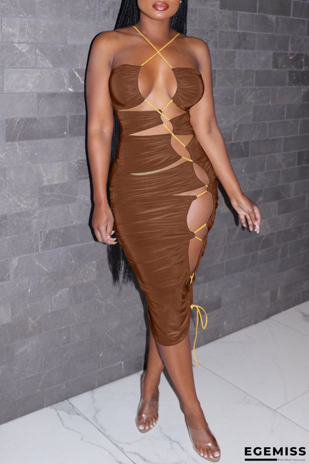 Coffee Sexy Solid Hollowed Out Backless Spaghetti Strap Sleeveless Dress | EGEMISS