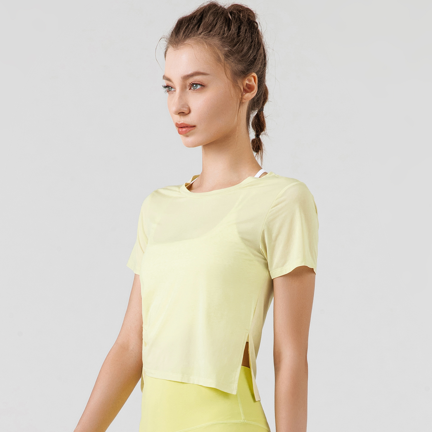Hergymclothing Mist Green short sleeve round neck see through side drawstring running t shirts for women online shopping