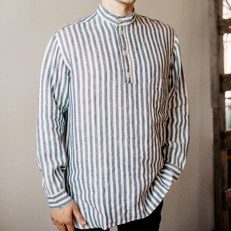 Men's Stand Collar Striped Linen Shirt
