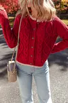 Women's Warm Red Round Neck Cable Knit Buttoned Cardigan Coat 