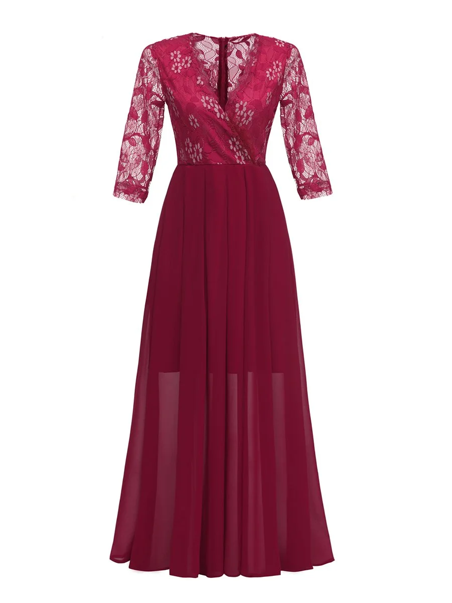 Evening Dress V Neck Lace Patchwork Maxi Long Dress