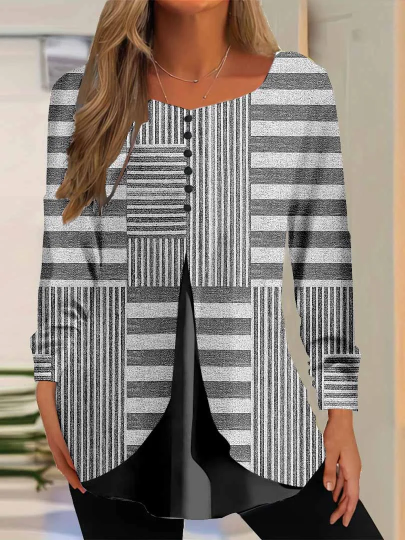 Women Striped,Gray DZGG8302 Long Sleeve Scoop Neck Printed Graphic Button Fake 2in1 Tops