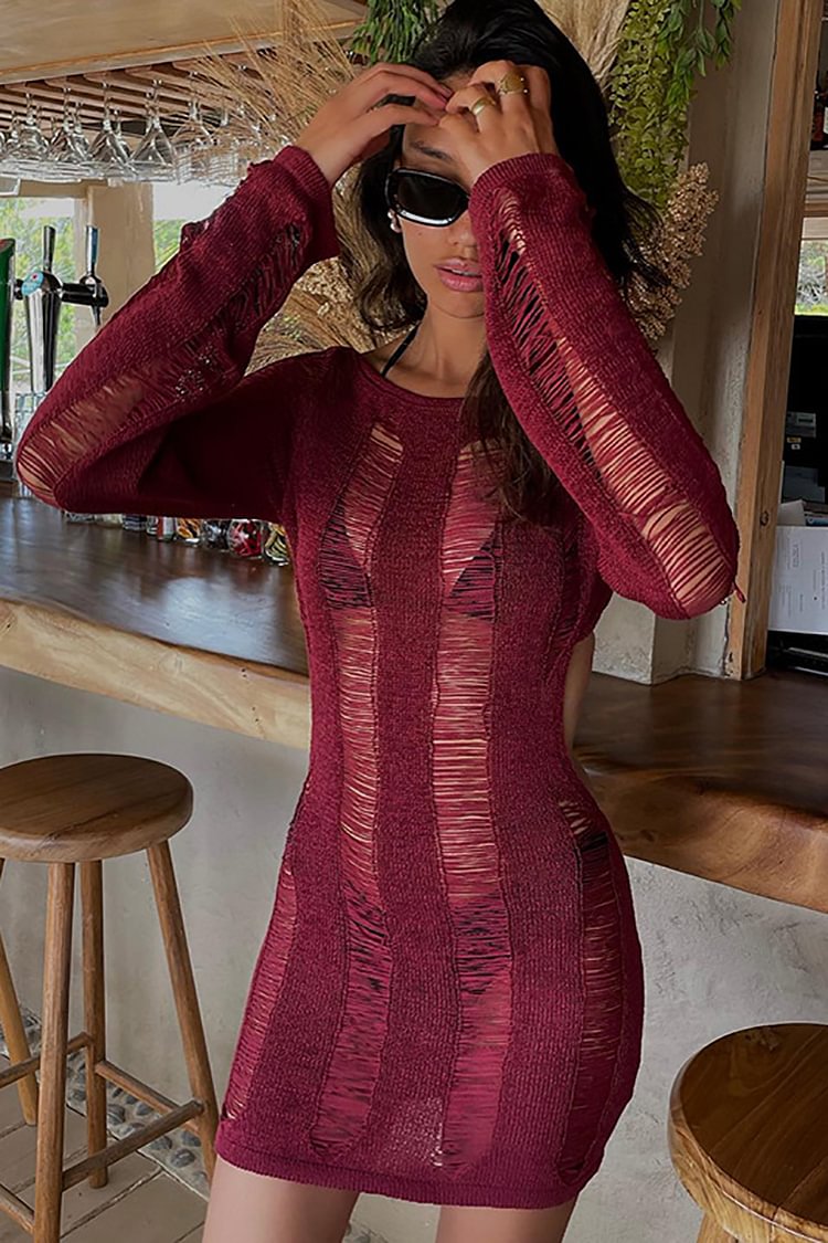 Hollow Out Backless Long Sleeve Tied Up Vacation Mini Dresses