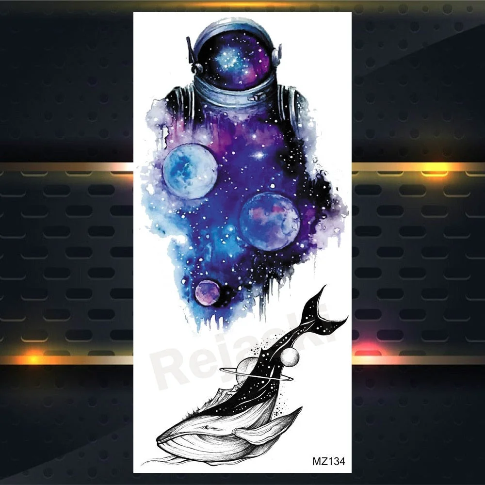 3D Astronaut Watercolour Temporary Tattoos For Kids Women Men Universe Space Men Fake Tattoo Cosmonaut Planet Dolphin Tatoo Leg