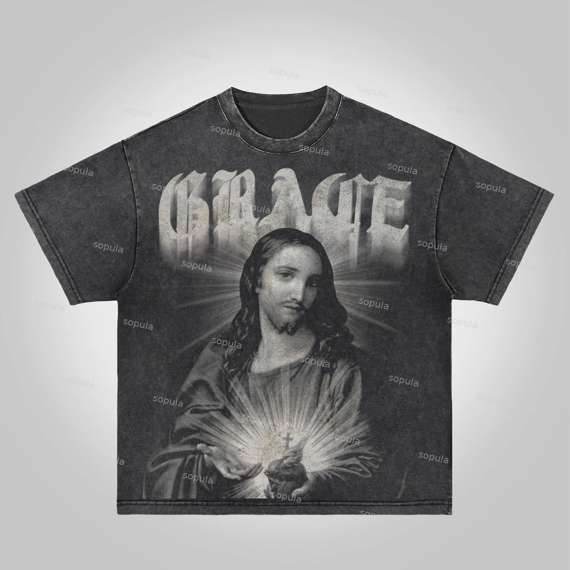 Sopula Grace Jesus Digital Direct Injection Printed Graphics Acid Washed T-Shirt