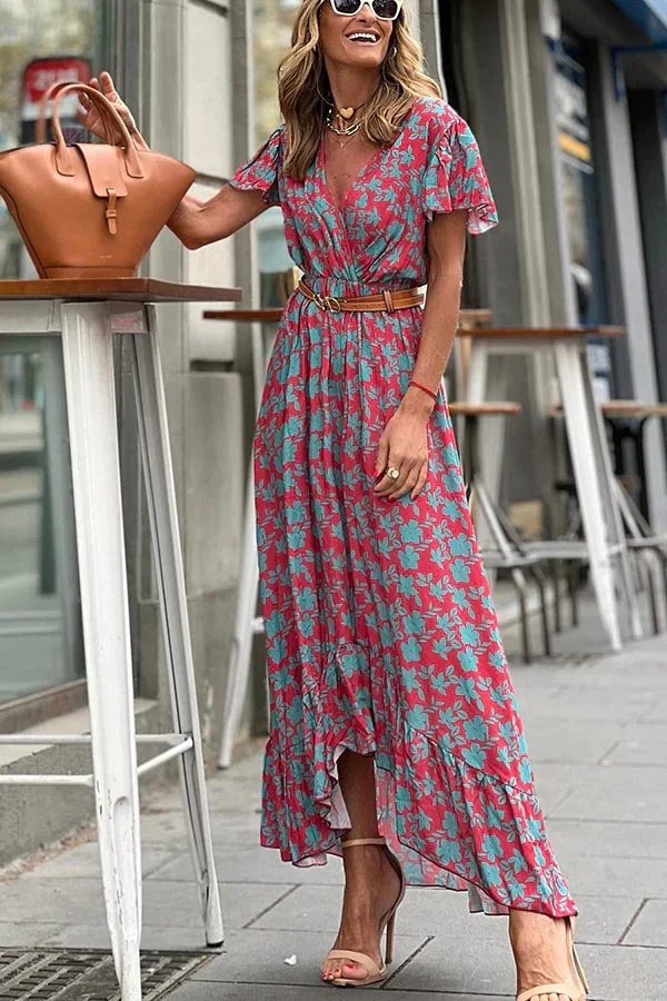 Joyful Living Floral Ruffle High Low Midi Dress