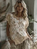 Women's Vintage Floral Art Linen Blend Comfy T-shirt - Image 4