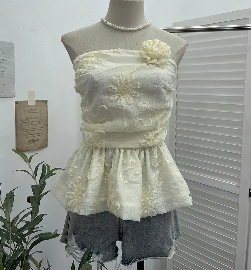 Uveng French Bud Ponp-Upple Sling Vest With Three-Dimensional Flowers Shoulder-To-Heart Thai Top 9205