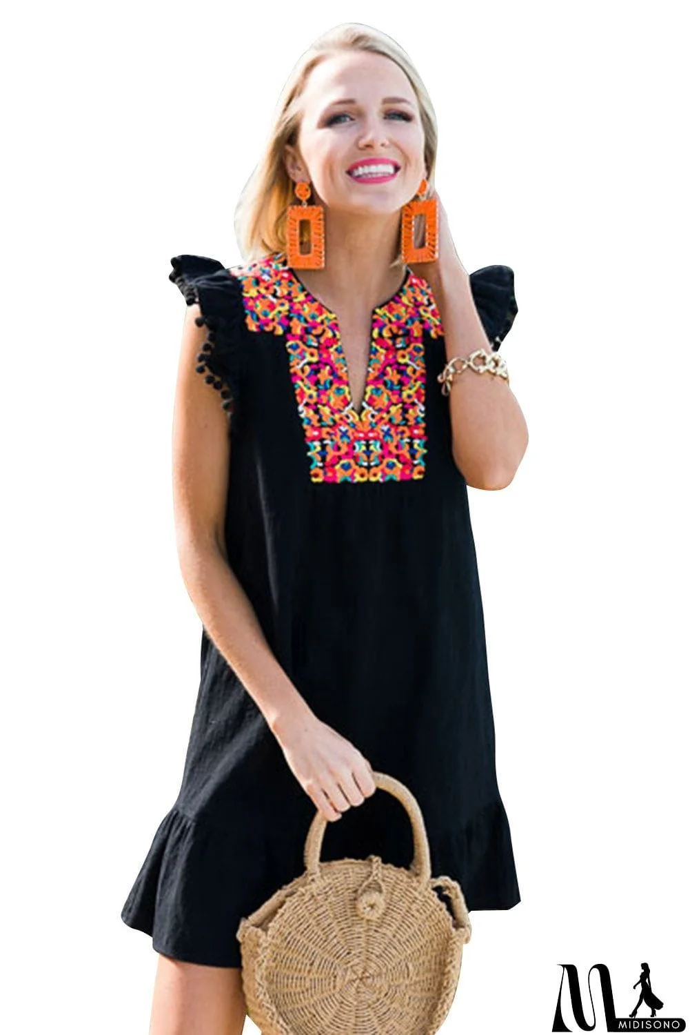 MidiSono - Boho Print Pompom Sleeve Shift Dress