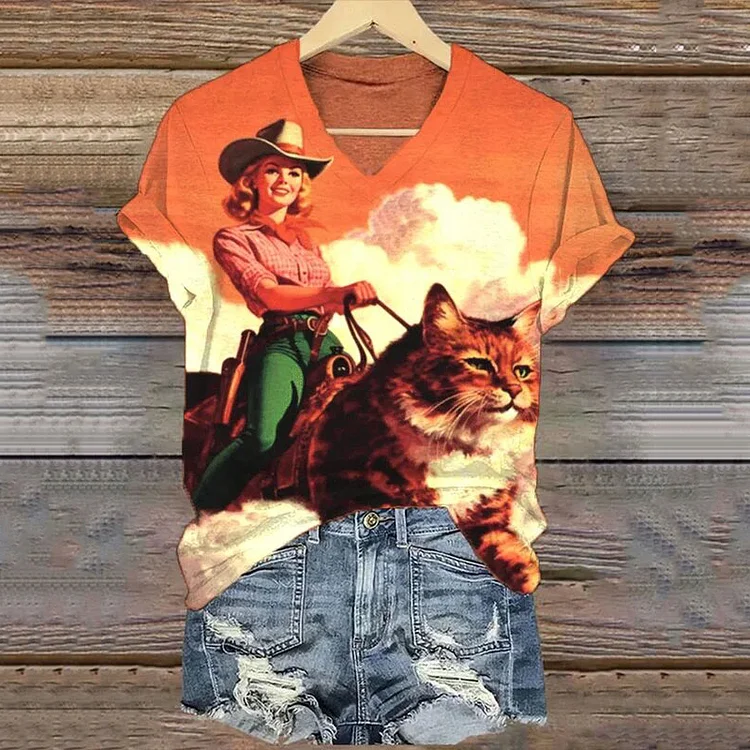 Comstylish Women'S Western Style Cowgirl Cat Printed Casual T-Shirt