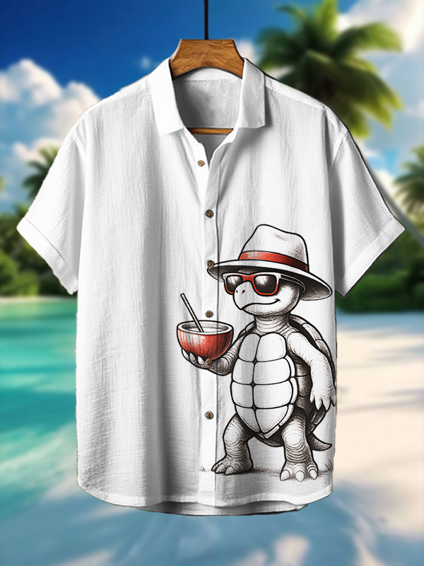 Men's Vacation Turtle Drinking Coconut Art Print Short Sleeve Shirt