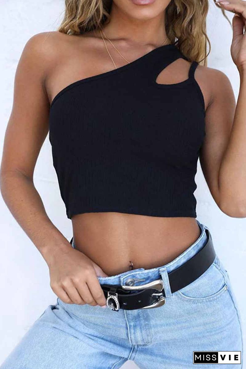 Pure Color Sexy Single Shoulder Strap Hollow Tops