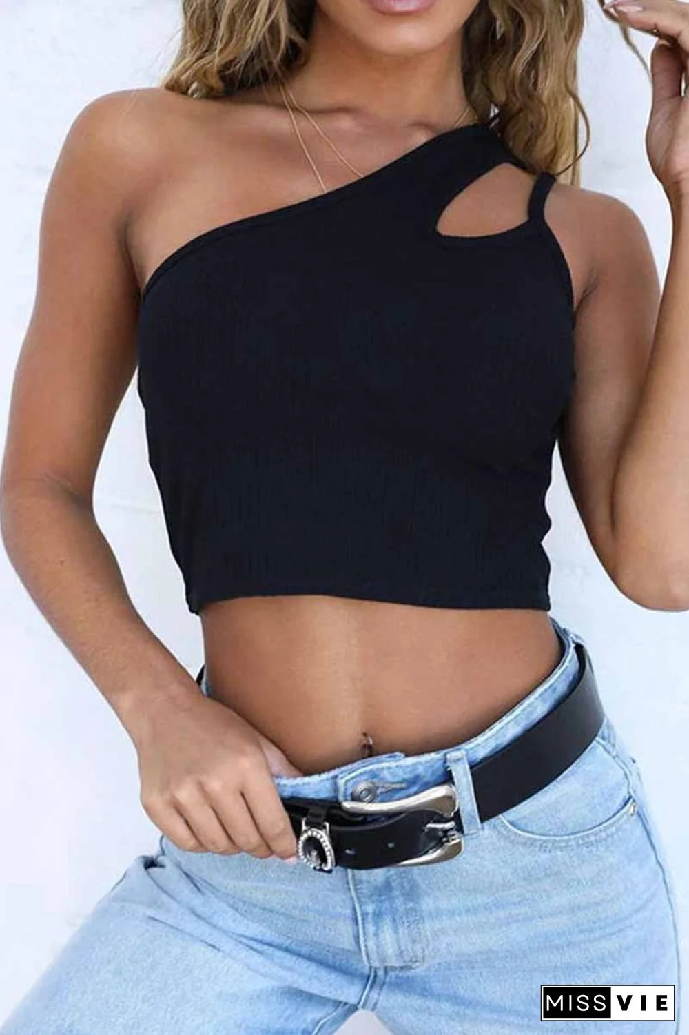 Pure Color Sexy Single Shoulder Strap Hollow Tops