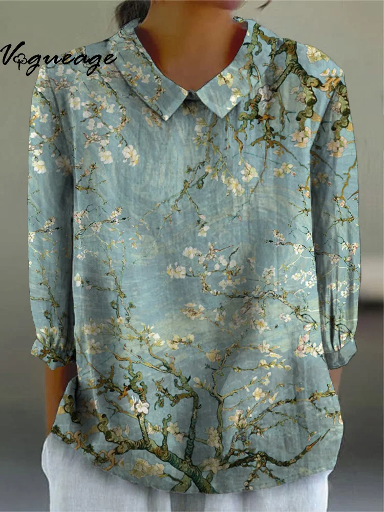 Gentle And Elegant Flowers Printed Cotton And Linen Women Shirt