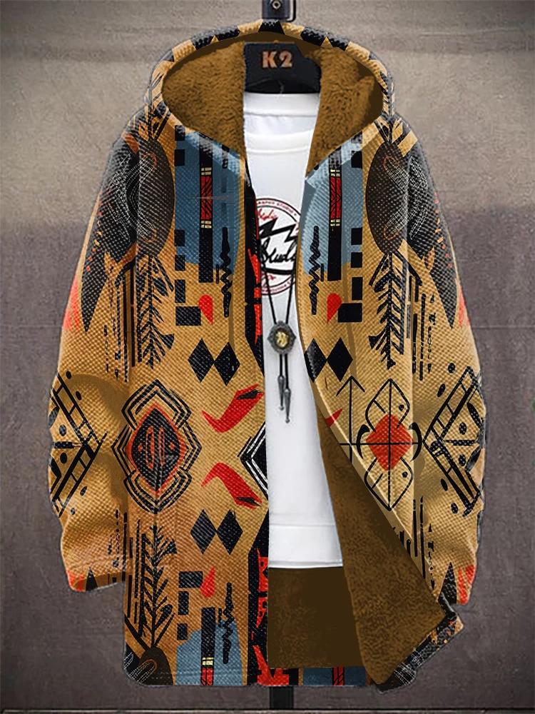 Men's Black Ethnic Pattern Geometric Art Print Fleece Lined Hooded Trench Coat