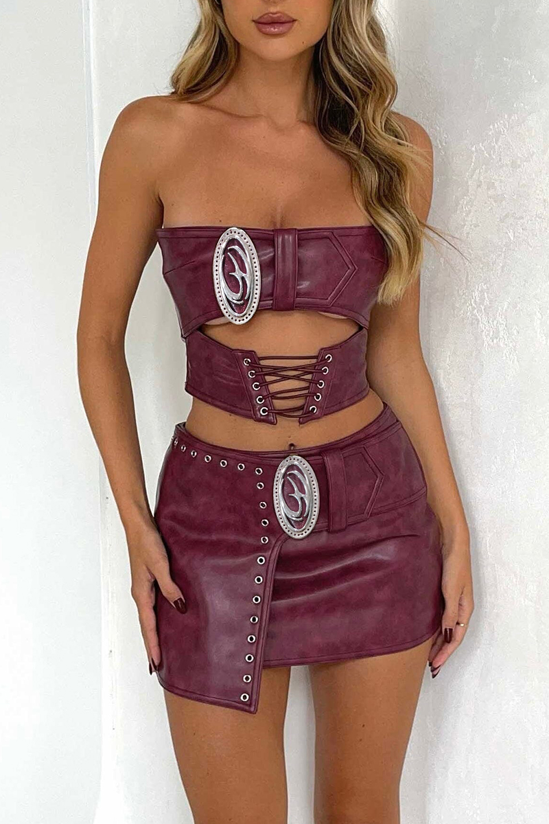 PU Leather Cutout Crop Tube Top Mini Skirt Matching Set-Burgundy