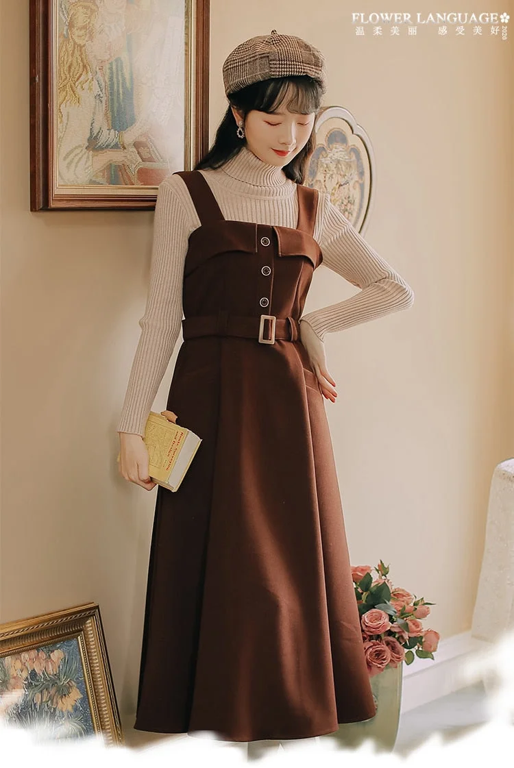 Dark Academia Japanese Preppy Style Solid Loose Sleeveless Dress BE646