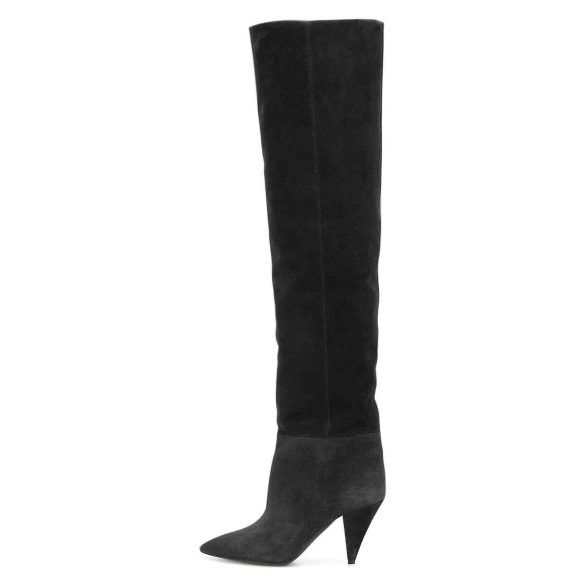 Black Faux Suede Closed Toe 3'' Stiletto Heel Knee High Winter Boots Nicepairs