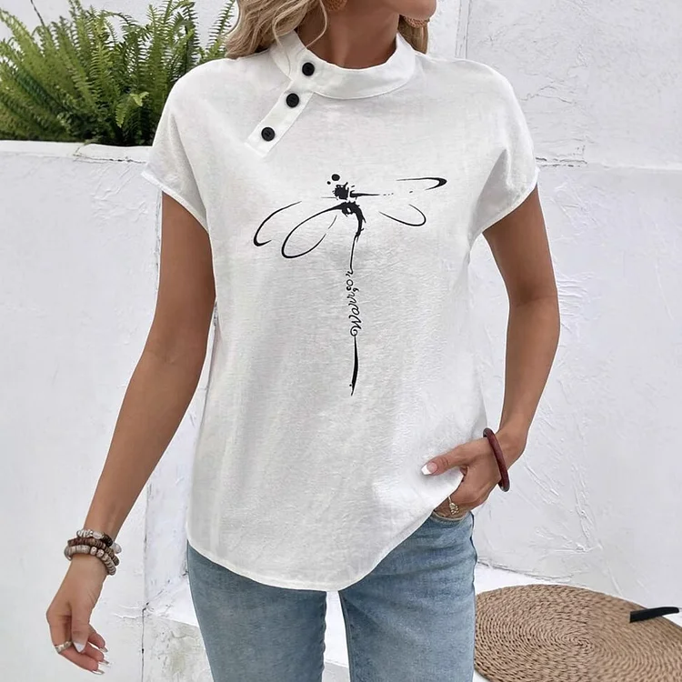 Simpfit Kurzärmliges T-Shirt mit Stehkragen und Libellen-Print