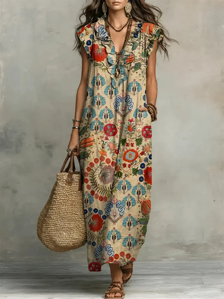Women's Retro Ethnic Pattern Art Print Casual Ruffled Stylish Cotton Linen Dress