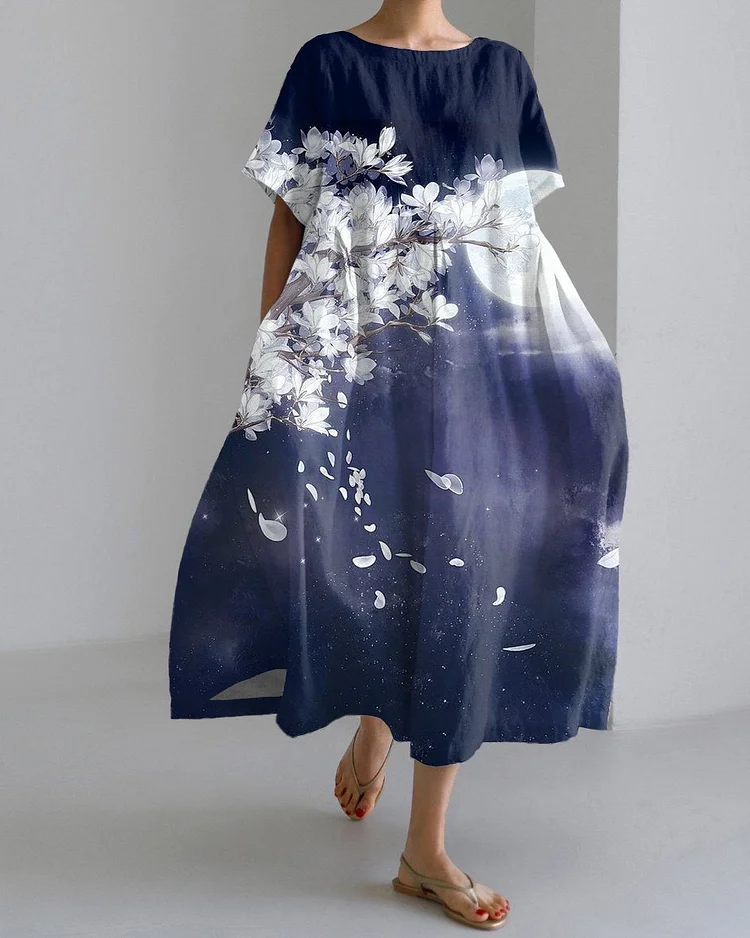 Full Moon White Azalea Short Sleeve Midi Dress