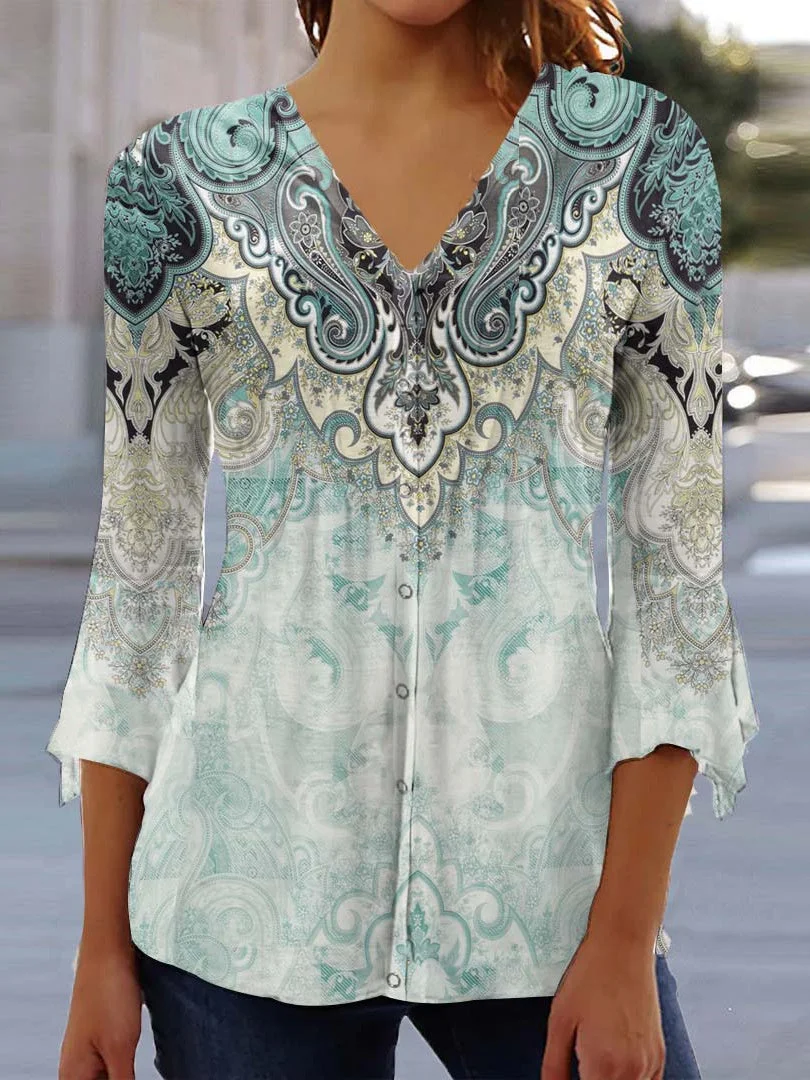Women's 3/4 Sleeve V-neck Graphic Printed Cardigan Top