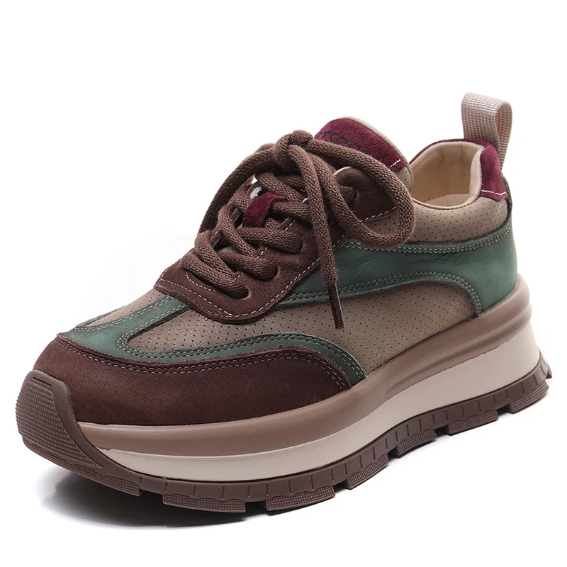 Yyvonne Layer Of Cowhede Thick-Bottomed Sports Casual Shoes Women's Spring New Leather Round Head Tie With Comfortable Single Shoes