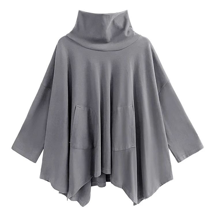 Loose Solid Color High Collar Bat Sleeve Sweatshirt