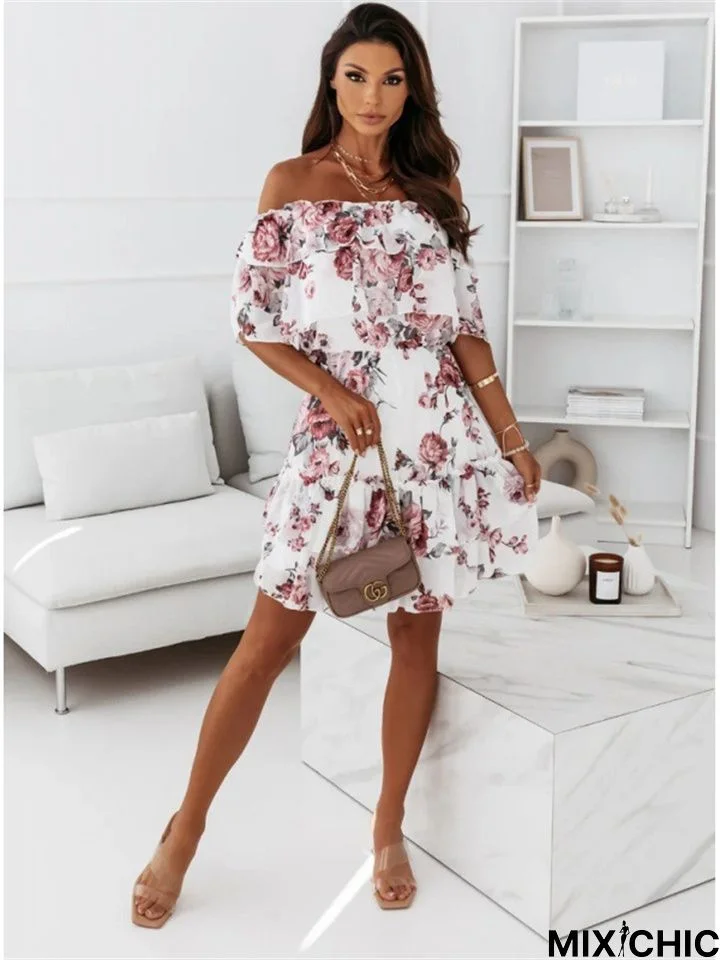 Off-The-Shoulder Chiffon Print Commuter Waist Dress