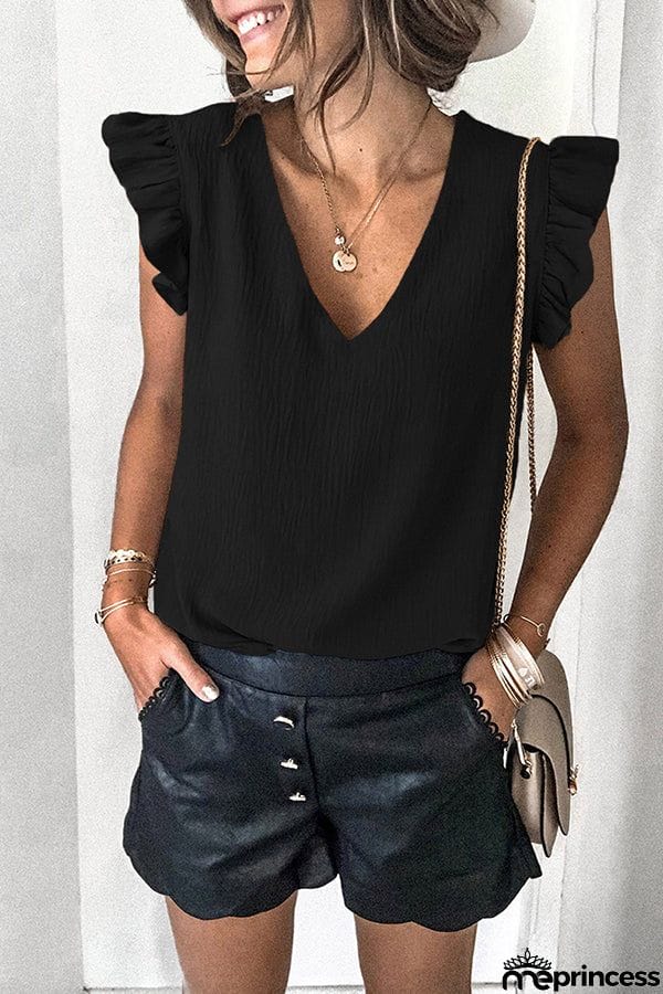 Casual T-shirt Solid V-neck Pullover Ruffle Sleeve Top