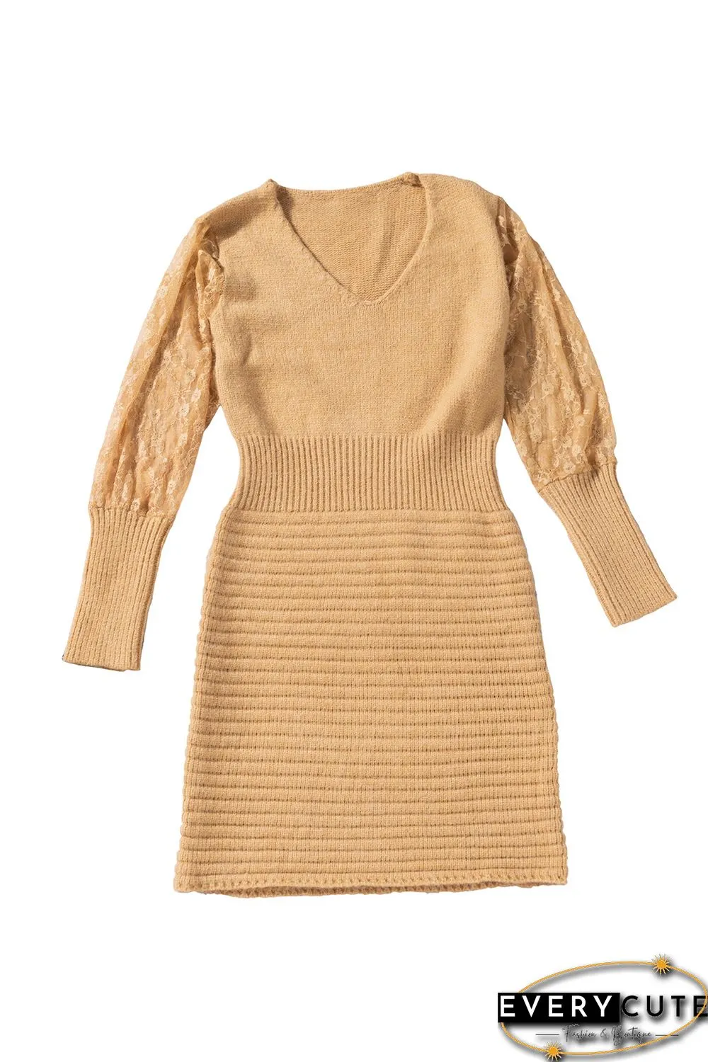 Khaki Lace Sleeve Patchwork Sweater Dress