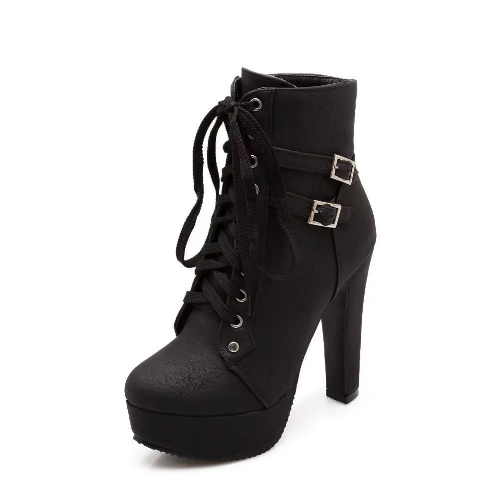 Breakj Breakj Cross-Tie Martin Boots Boots High Heel Women's Shoes Waterproof Belt Buckle Low-Spring Women's Boots