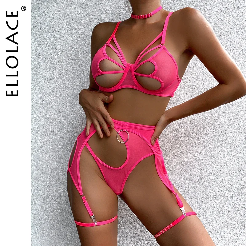 Billionm Ellolace Sexy Lingerie Cut Out Bra Erotic Brief Sets 4-Pieces Sensual Fancy Underwear Garters G-Strings Thongs Lace Exotic Set