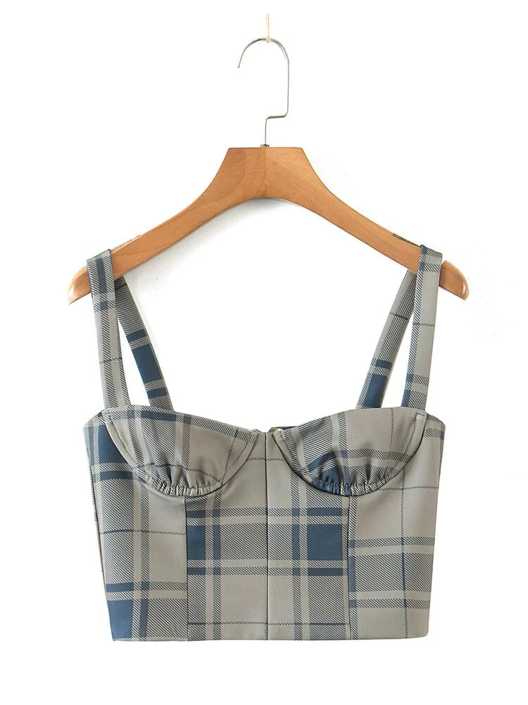 Summer women sets short camis plaid crop top with zipper streetwear slim two piece set casual short skirt