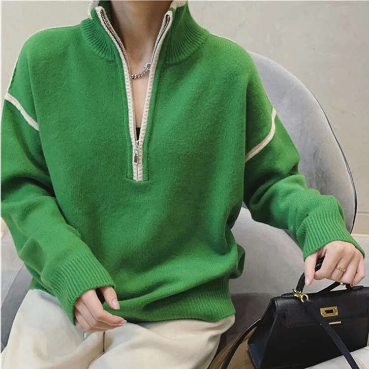Casual Turtleneck With Zipper Contrast Color Long Sleeve Knitted Sweater
