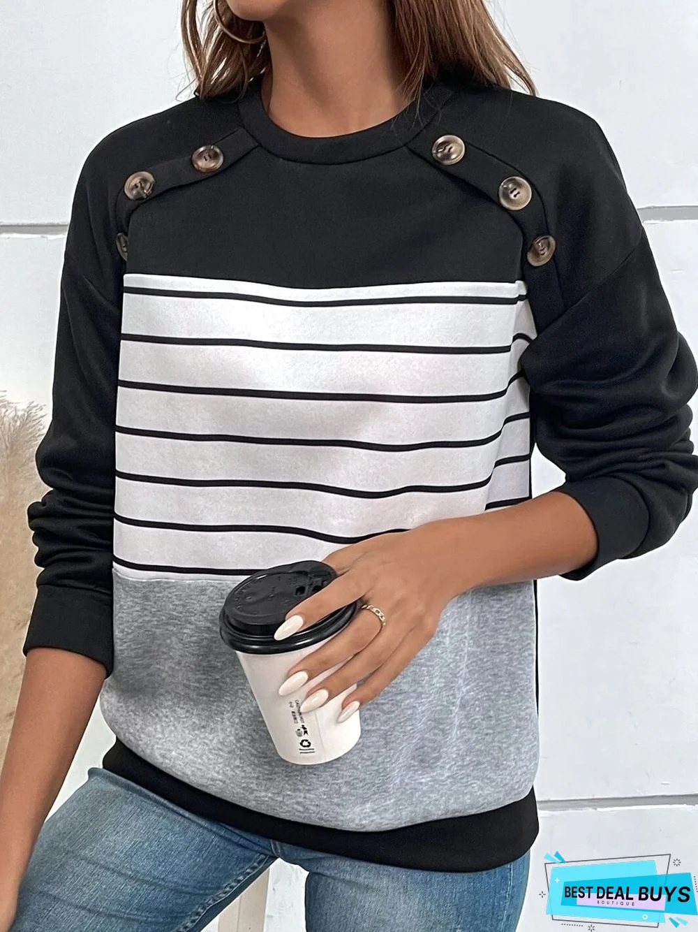 Striped Buckle Casual Loose Sweatshirt