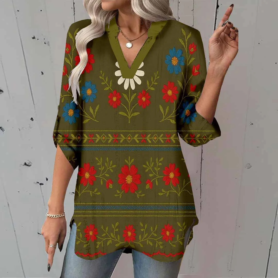 Women Retro,Black,Gold DZGA0327 3/4 Sleeve V-neck Printed Graphic Button Tops