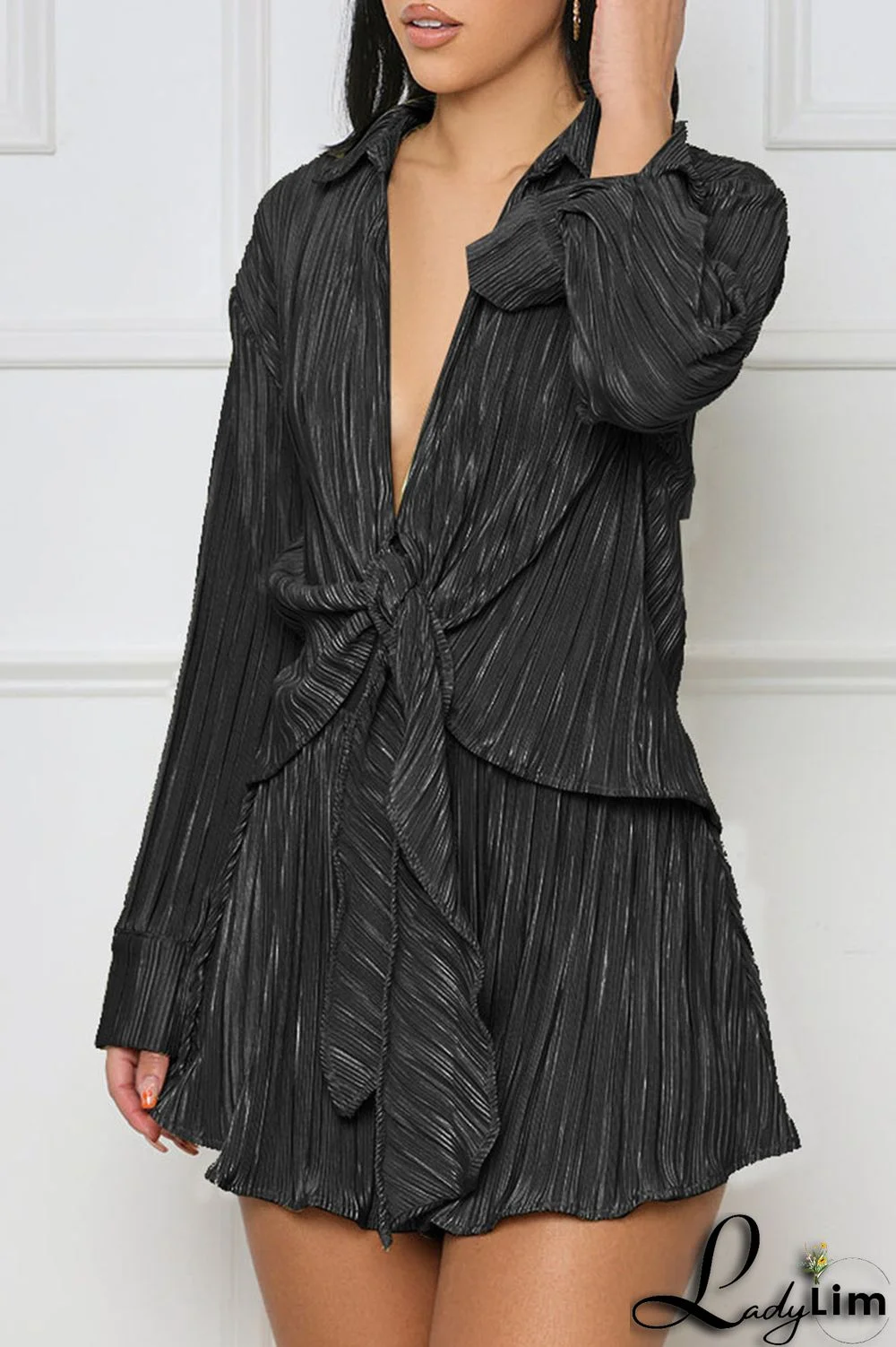 Green Casual Solid Bandage Patchwork Turndown Collar Long Sleeve Two Pieces