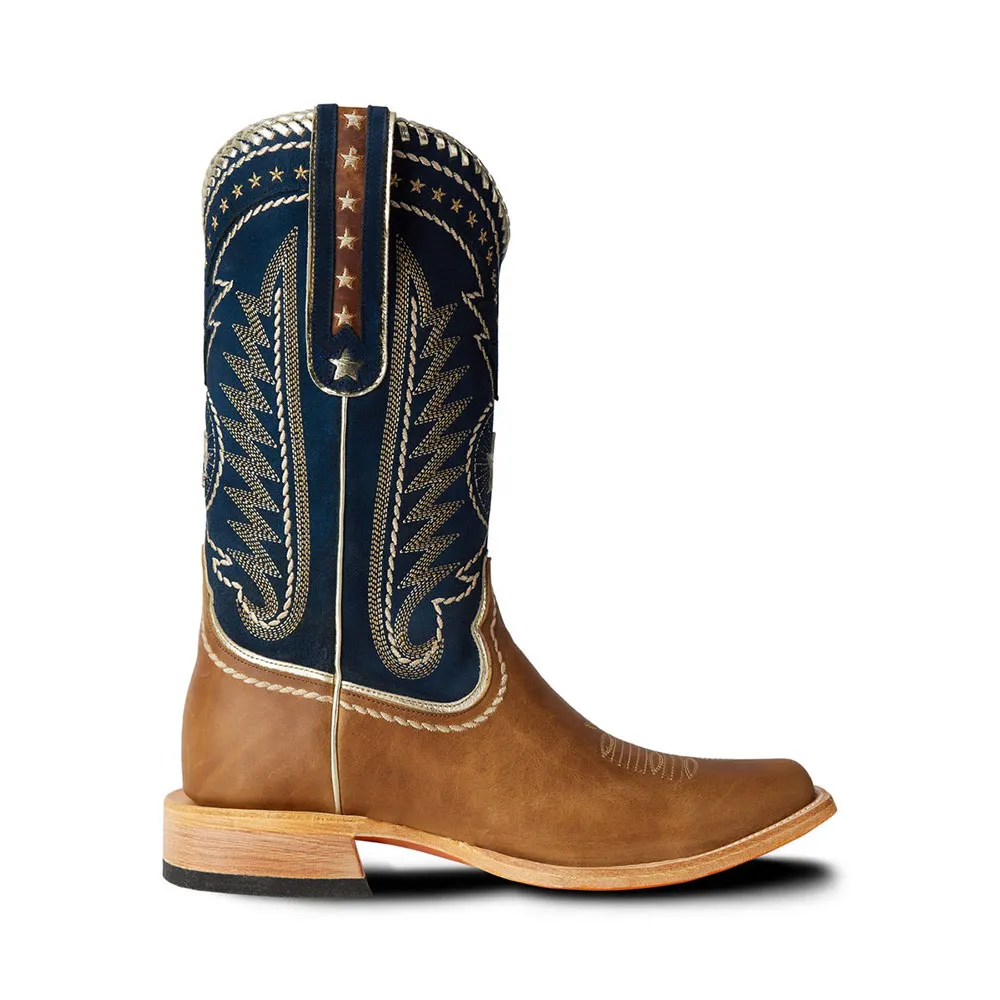 Brown & Navy Square Toe Stars Embroidered Cowgirl Mid-Calf Boots