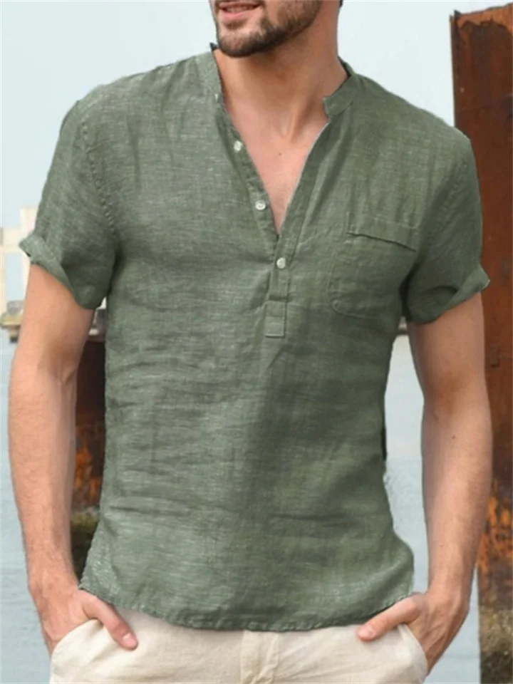 Men's Summer New Breathable Cotton Short-sleeved Men's Solid Color Linen Collar Buckle Half Placket Simple  Linen Short-sleeved Shirt