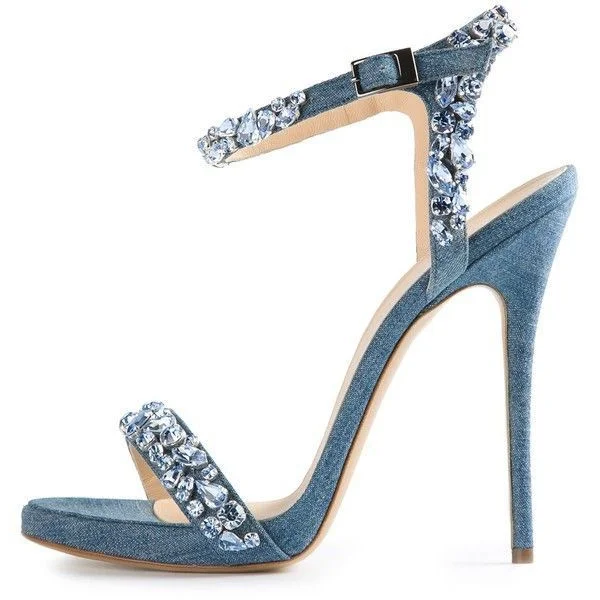 Blue Jean Heels Rhinestone Ankle Strap Denim Stiletto Heel Sandals |FSJ Shoes