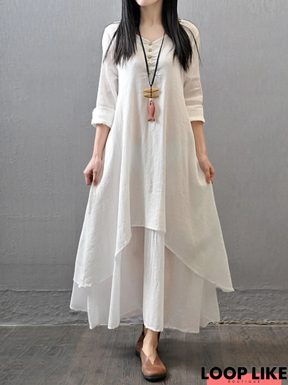 Plus Size Women Asymmetrical Daily 3/4 Sleeve Casual Asymmetric Solid Dress White Dresses Linen