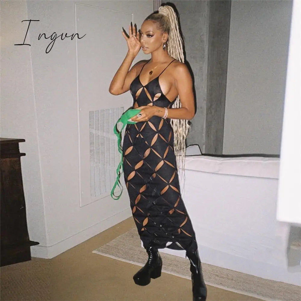 Ingvn - 2023 Summer American Symmetrical Hollow Solid Color Slim Sexy Spicy Girl Dress Black / S