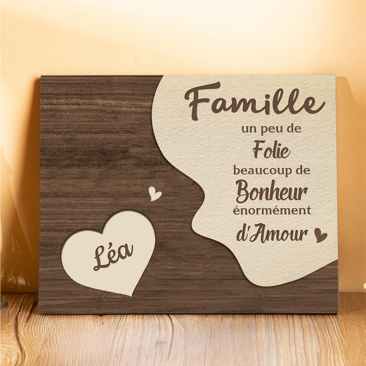 Cadre en Bois Cœur 1 Prénoms Personnalisés pour Famille