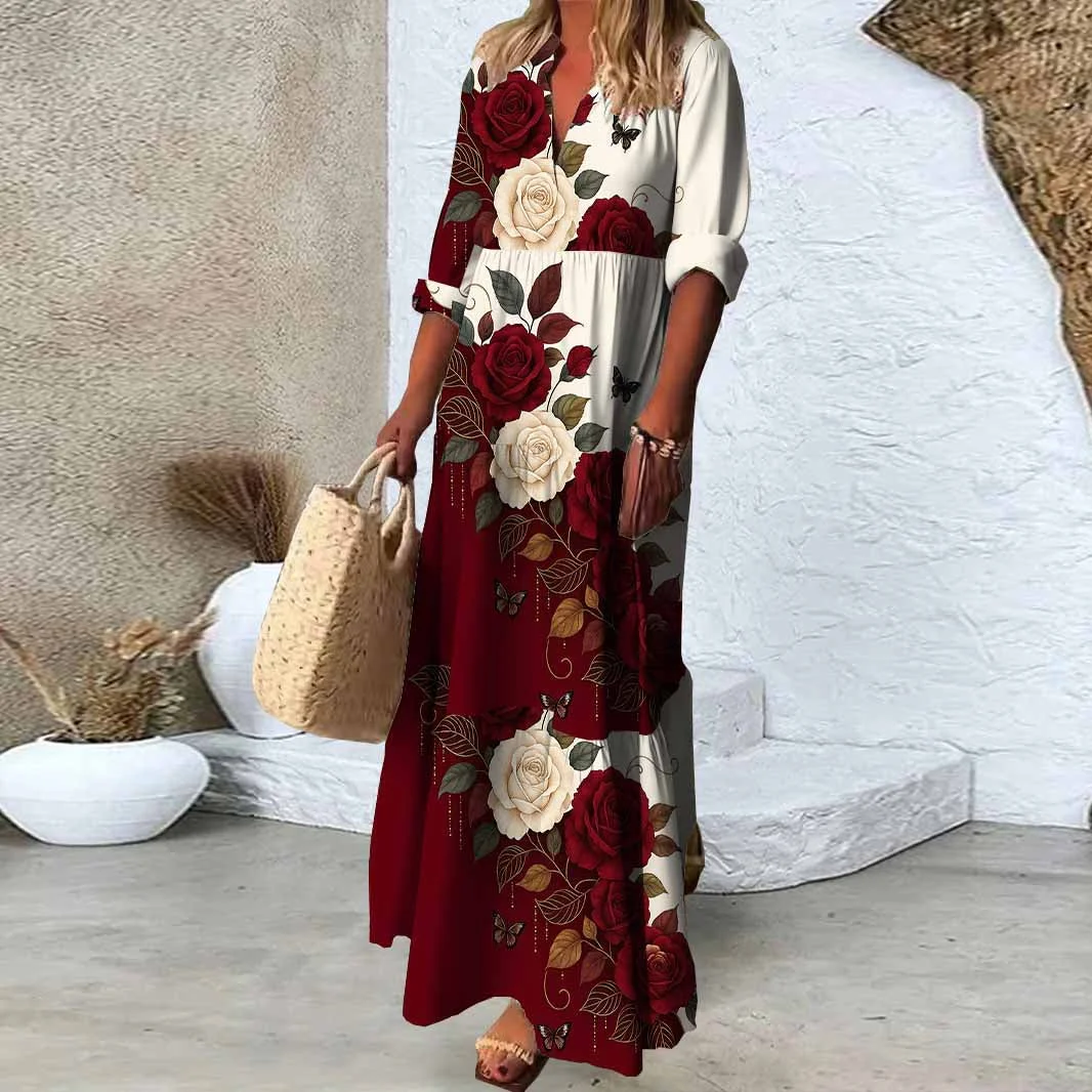 Women Floral,Burgundy,Pink DZDN0794 SPU Printed Long Sleeve V-neck Maxi Dress